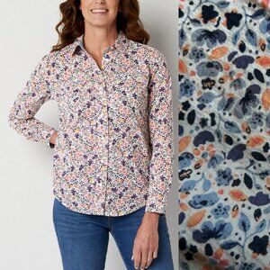St John's Bay women's blue and coral floral button front shirt w/pockets size L